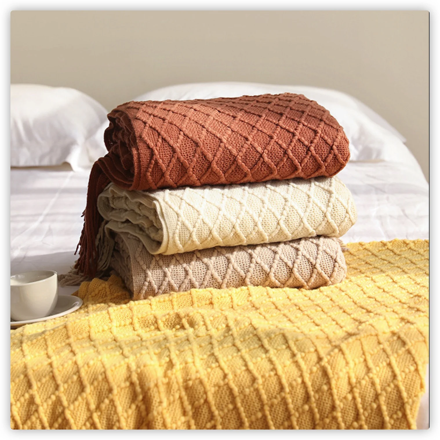 Boho Throw Blanket Fringe - Textile City Diamant-Strickdecke mit Quasten, weiche
