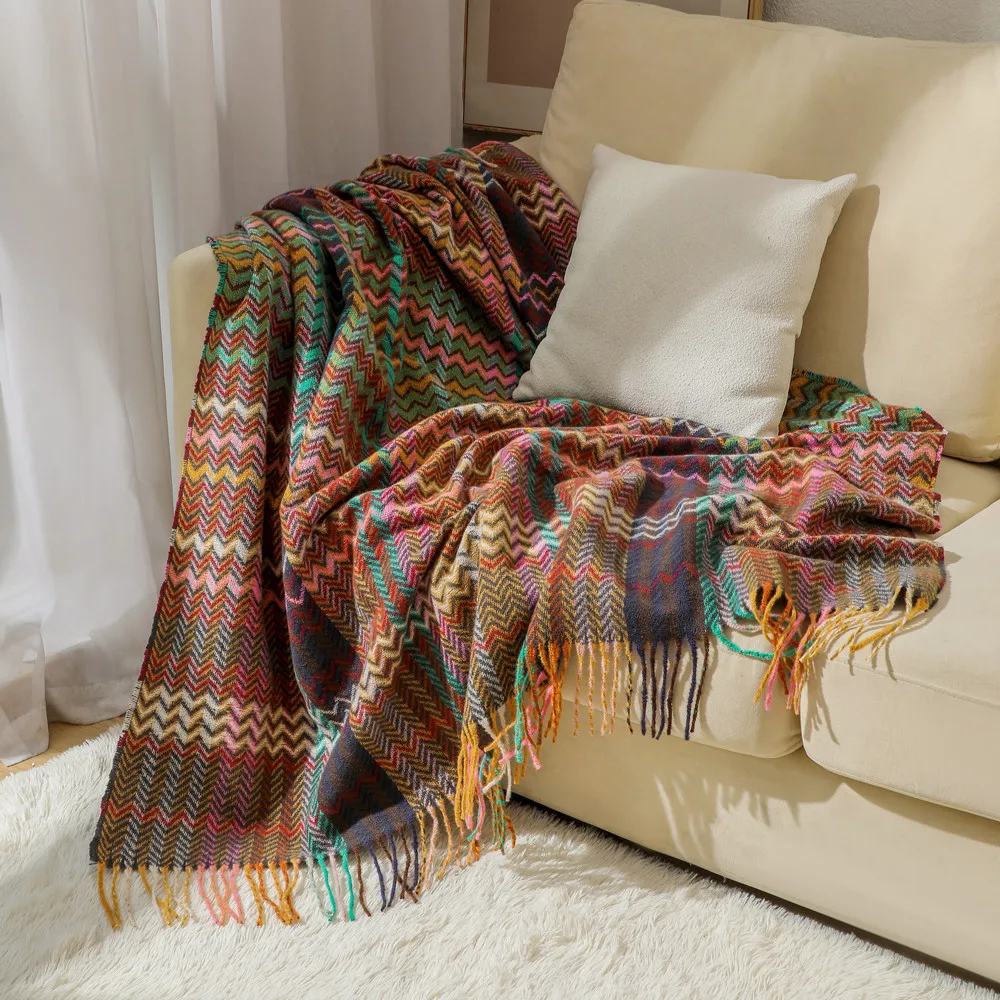 Boho Throw Blanket Fringe - Boho-Wellen-Wurfdecke mit Quasten, Vintage-Ethno-Stil, gewebte Sofabezug,